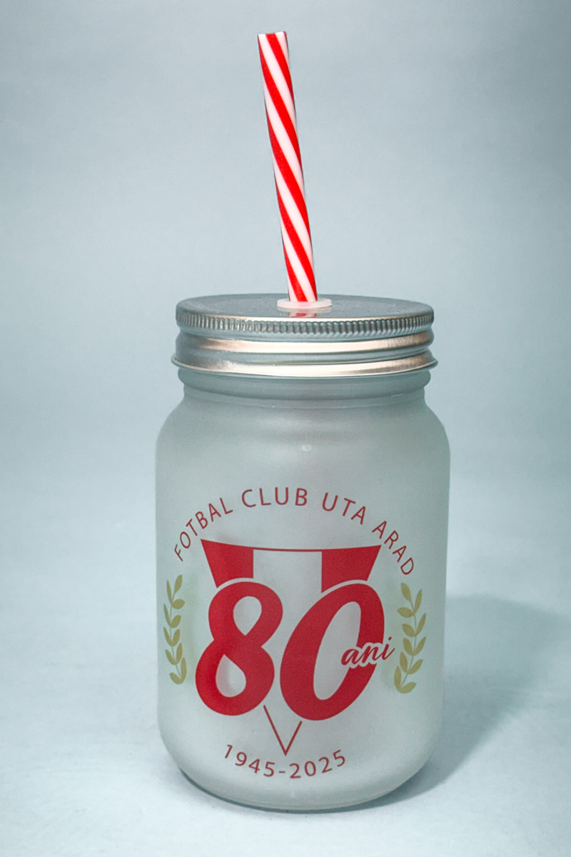 Borcan sticla cu pai si capac - personalizat UTA, editie aniversara 80 ani, 500 ML